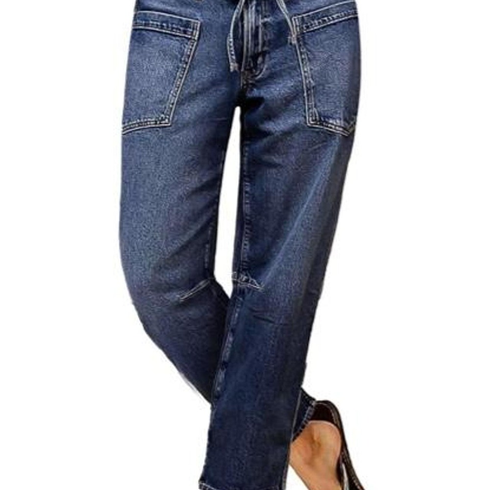 Flamingals Women's Mid Waist Straight Leg Drawstring Cropped Jeans